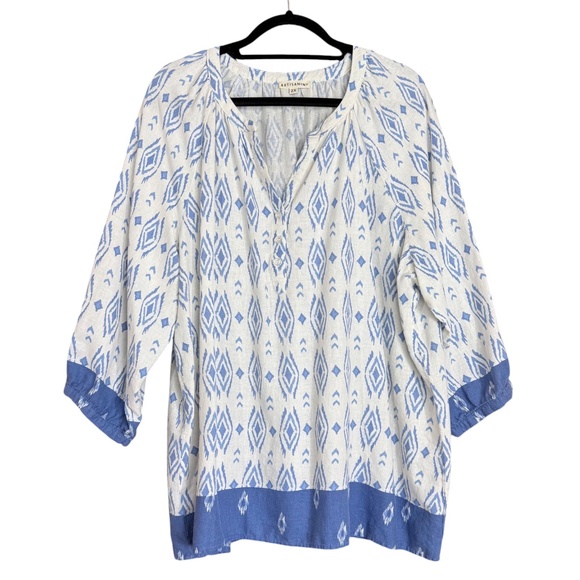 Artizan NY White & Blue Tribal Print Linen Blend 3/4 Sleeve Boho Tunic Size 2X - Picture 5 of 13
